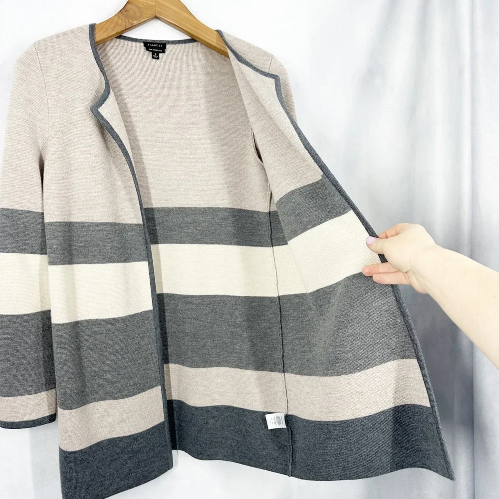 Talbots‎ 100% Merino Wool Neutral Stripe Open Front Cardigan Swearer Size Small